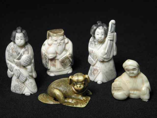 Appraisal: Lot of four carved ivory one ivorine netsuke Includes four