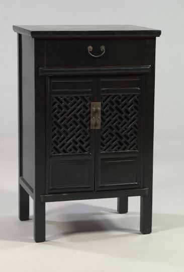 Appraisal: Asian Black Lacquered Side Cabinet the front fitted with a