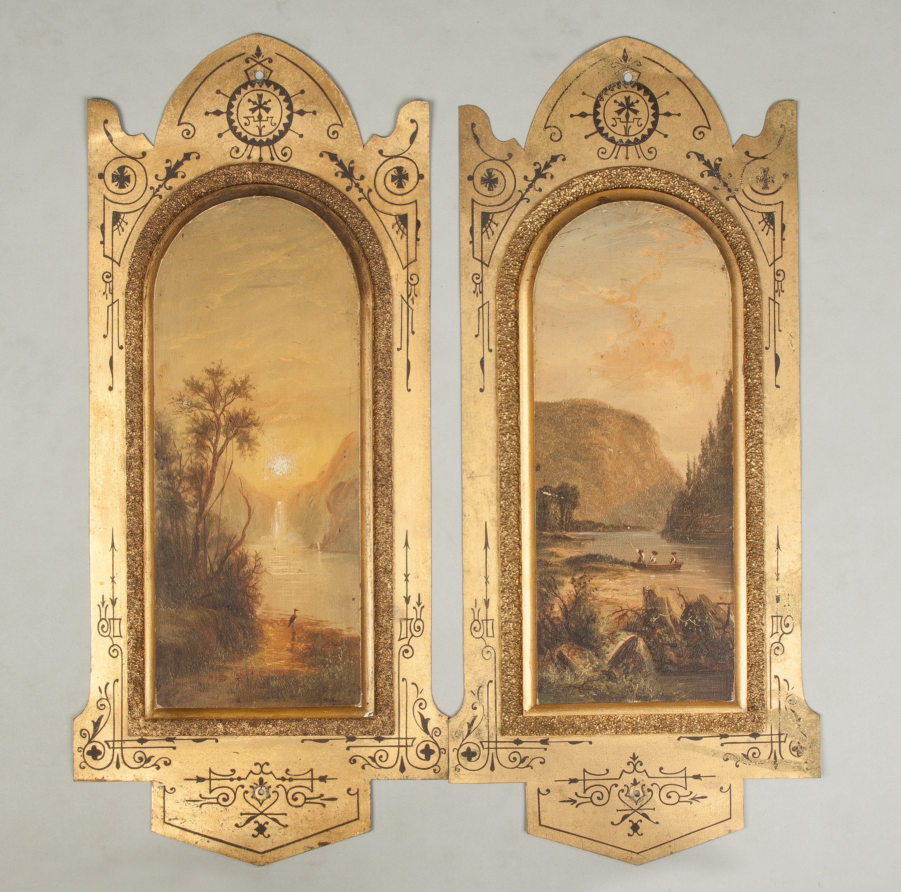 Appraisal: Victorian Painted Panels th cent Painted wood panels gilded metal