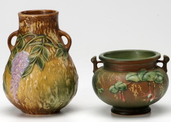 Appraisal: ROSEVILLE Two pieces brown Wisteria vase and green Fuchsia jardiniere