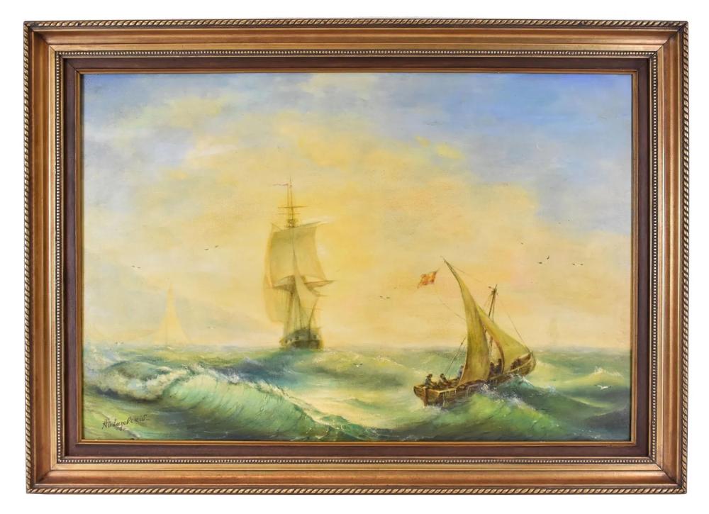 Appraisal: Seascape with Boats Signed l l Oil on Canvas by