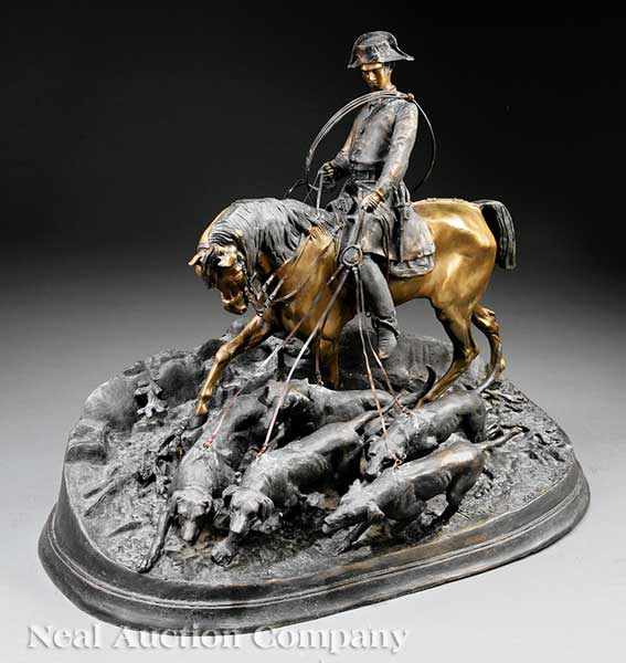 Appraisal: A French Patinated Bronze of a Mounted Huntsman with Hounds