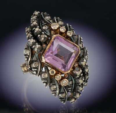 Appraisal: A Portuguese Silver Gold Diamond and Amethyst Ring Silver and