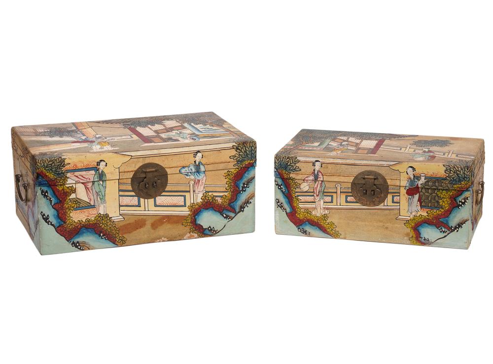 Appraisal: CHINESE POLYCHROMED PIGSKIN BOXES Chinese polychromed decorated pigskin boxes with