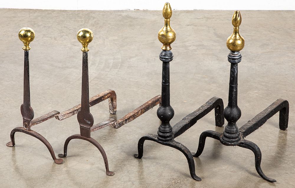 Appraisal: Two pairs of brass and iron andirons Two pairs of