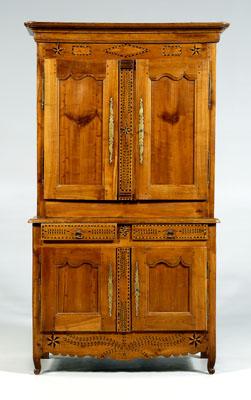 Appraisal: French Provincial step back cupboard fruitwood two-case construction inlaid and