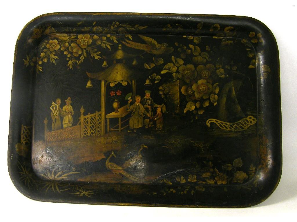 Appraisal: Large th century rectangular toleware tray painted with a seated