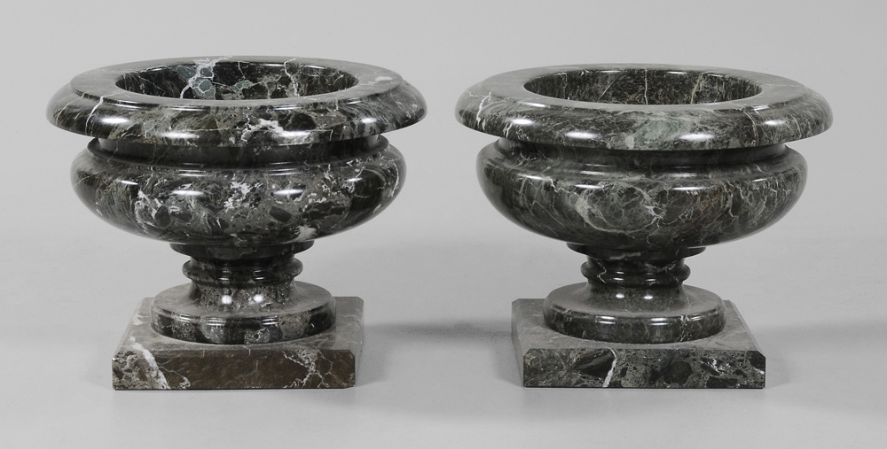 Appraisal: Pair Variegated Dark Green Marble Urns modern typical urn forms