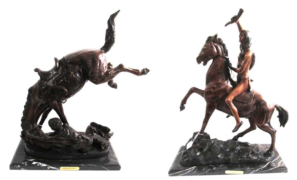 Appraisal: TWO WESTERN BRONZE HORSE AND RIDER SCULPTURES AFTER Frederic Remington's