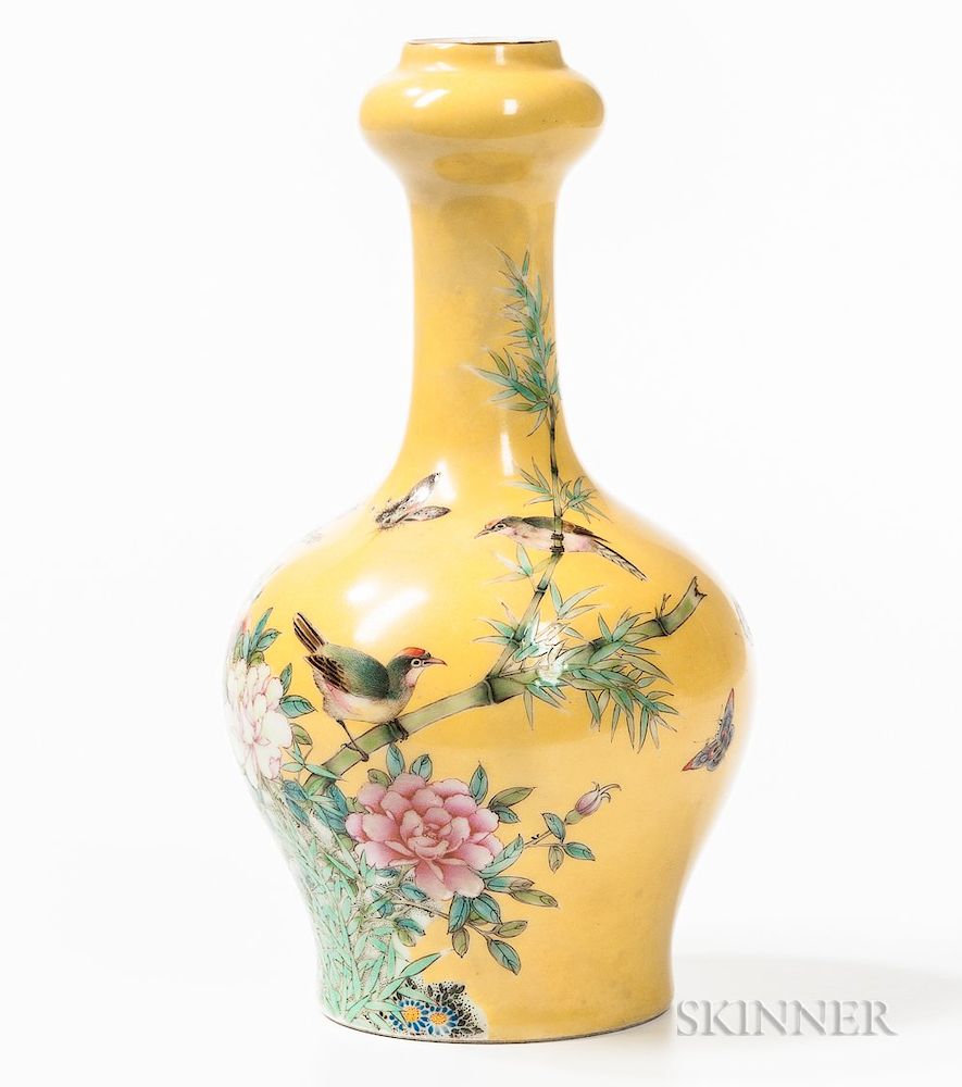 Appraisal: Yellow-ground Famille Rose Vase Yellow-ground Famille Rose Vase China bulbous