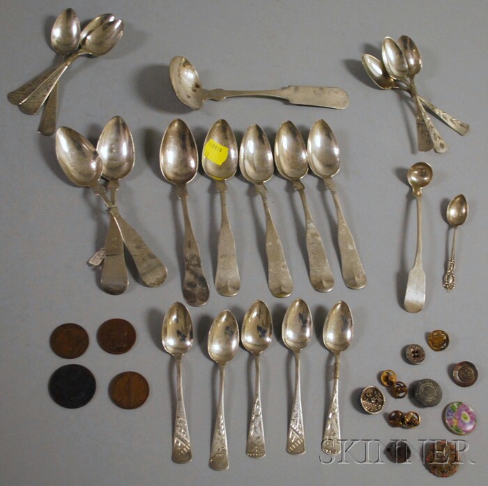 Appraisal: Group of Mostly Coin Silver Spoons and Assorted Buttons and