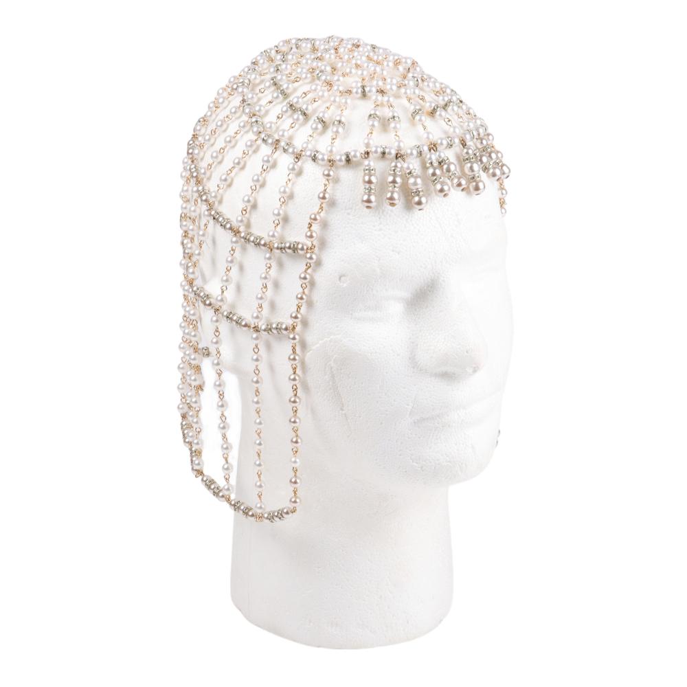 Appraisal: WILLIAM DELILLO FAUX PEARL BEADED FLAPPER CAP HEADPIECE WITH RHINESTONE