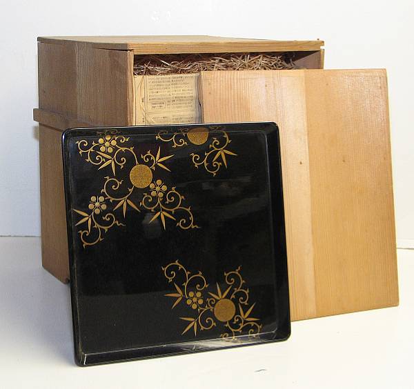 Appraisal: A set of ten black and gilt lacquer square footed