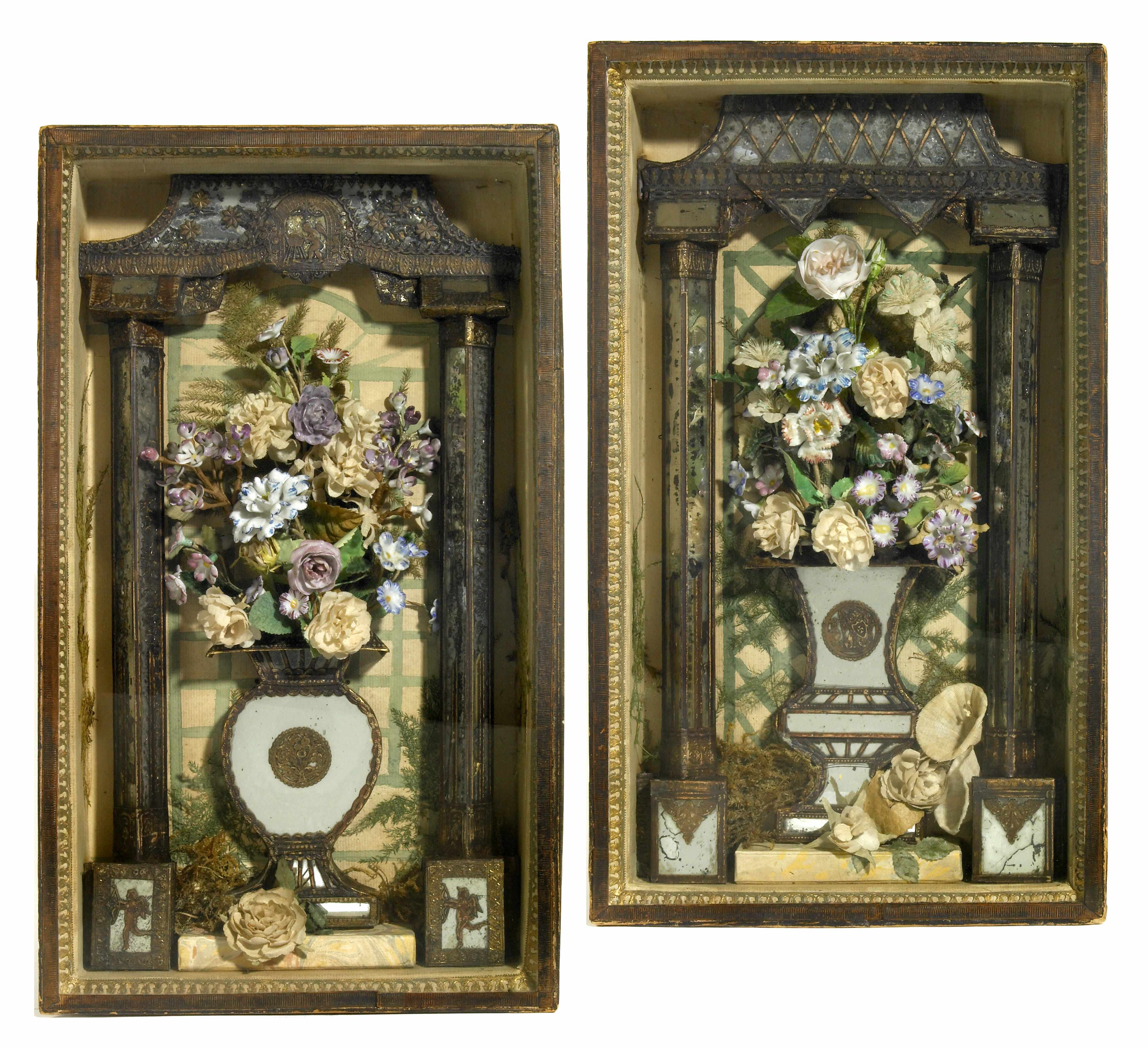 Appraisal: A near pair of Italian shell painted paper and mirrored