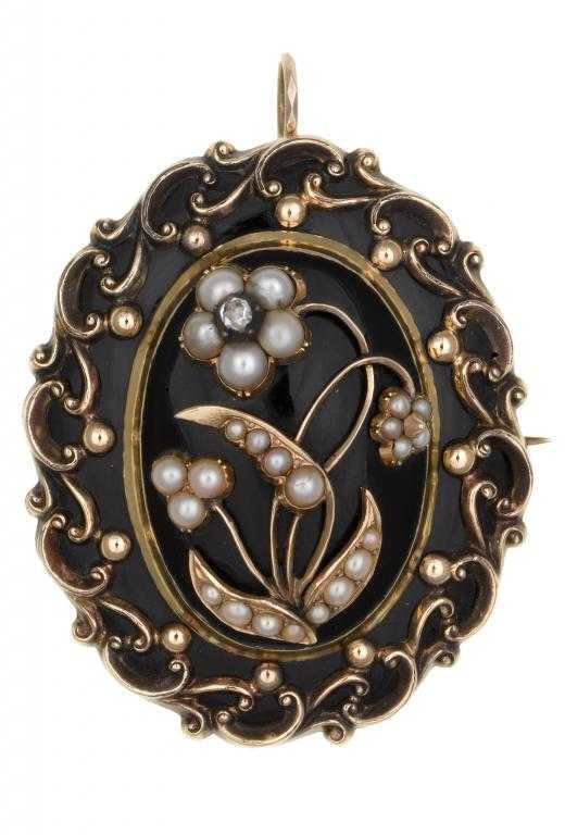 Appraisal: AN ANTIQUE ENGLISH DIAMOND SPLIT PEARL AND GOLD AND ENAMEL