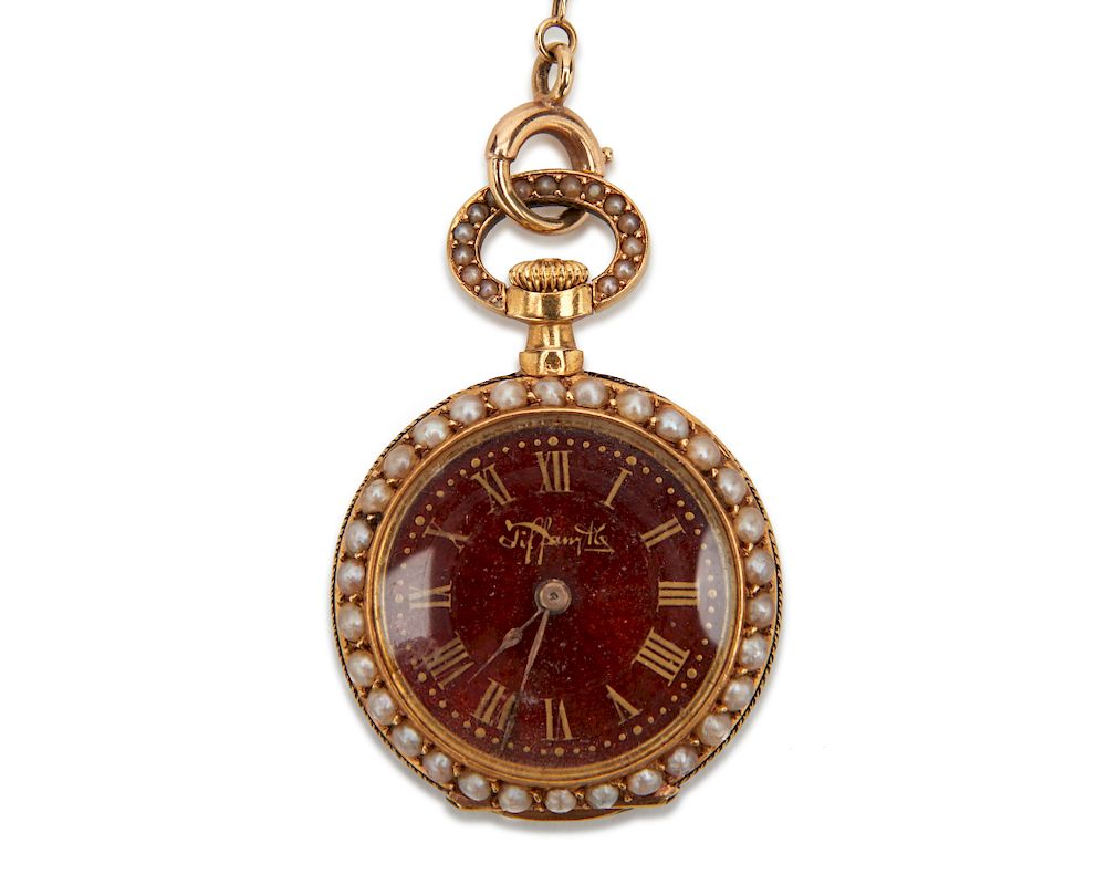 Appraisal: TIFFANY CO K Gold Enamel and Pearl Pendant Watch TIFFANY