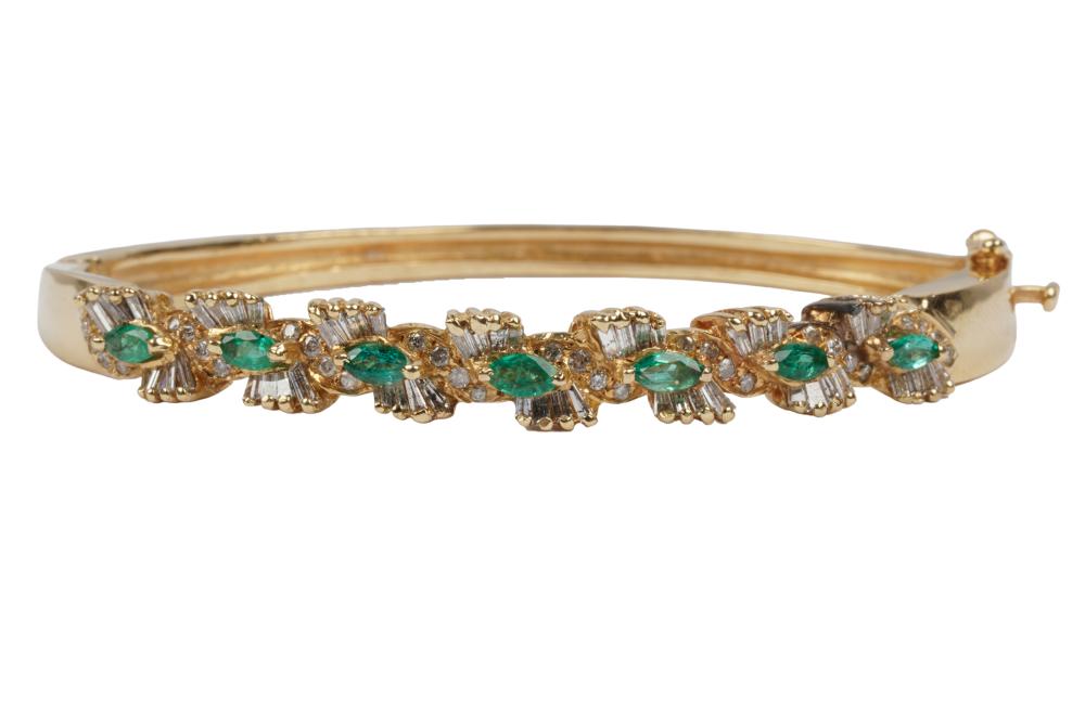 Appraisal: KARAT YELLOW GOLD DIAMOND EMERALD BANGLE BRACELETcontaining seven marquise cut