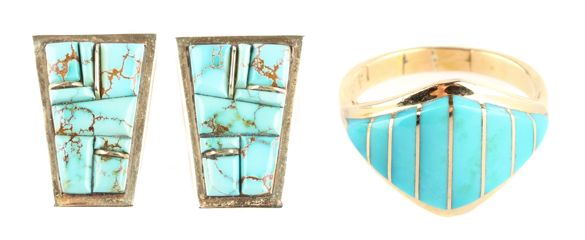 Appraisal: A Pair or Turquoise Earrings and a Ring K geometric