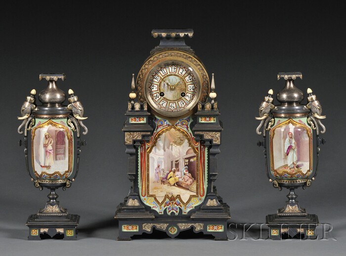 Appraisal: Enameled Three-piece French Clock Garniture c the bronze temple form