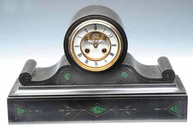 Appraisal: A TH CENTURY FRENCH POLISHED SLATE DRUMHEAD MANTEL CLOCK the