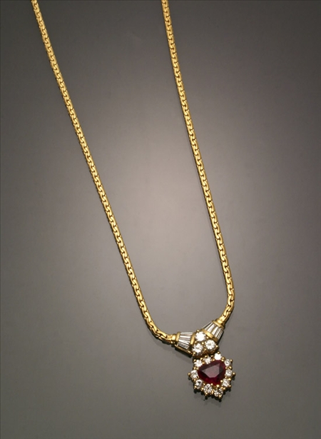 Appraisal: -Karat Yellow-Gold Ruby and Diamond Pendant and Chain Set with