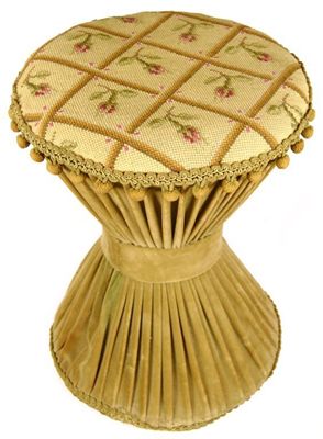 Appraisal: An hour glass stool with floral needlework top and pleated