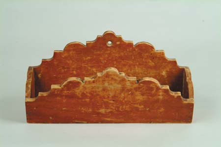 Appraisal: FANCIFUL PINE RED PAINTED WALL BOX Shallow box w scalloped