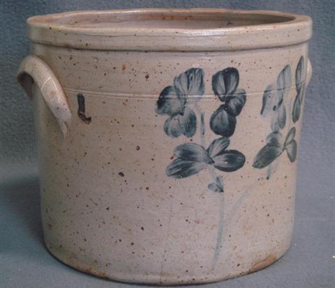 Appraisal: Blue floral decorated stoneware crock h d hairline down one