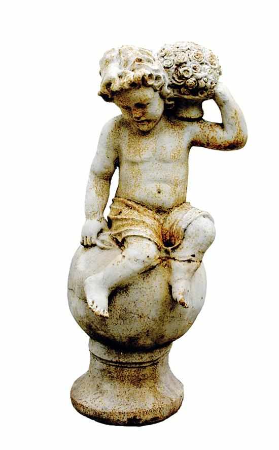 Appraisal: Cast-iron garden sculpture putti holding flower seated atop orb H