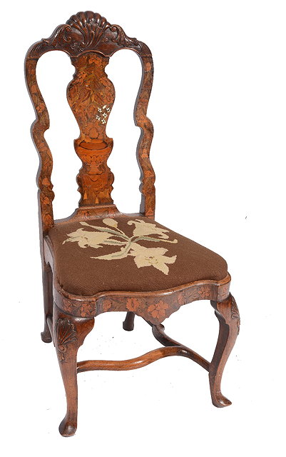 Appraisal: A TH CENTURY DUTCH FLORAL MARQUETRY SIDE CHAIR with needlework