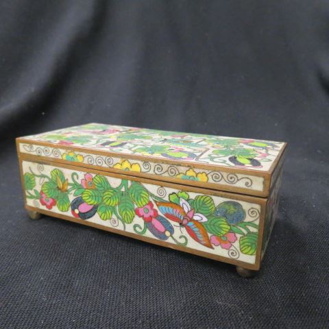 Appraisal: Chinese Carved Cloisonne Box cricket butterfly floral x footed