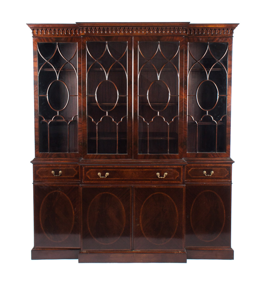 Appraisal: a Cabinet-made inlaid mahogany breakfront flat Gothic-Chippendale style molded cornice