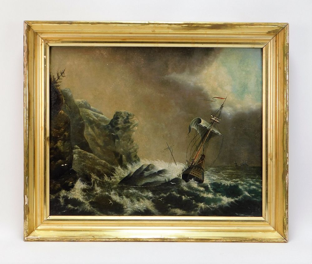 Appraisal: C American School Stormy Seas Shipwreck Painting United States th