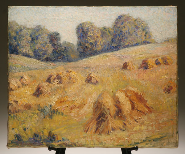 Appraisal: American school early th century impressionist landscape with haystacks oil