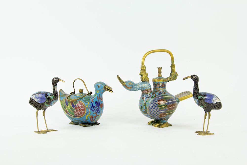 Appraisal: Group of Cloisonne Bird-Form Vessels Chinese Including two duck-form teapots