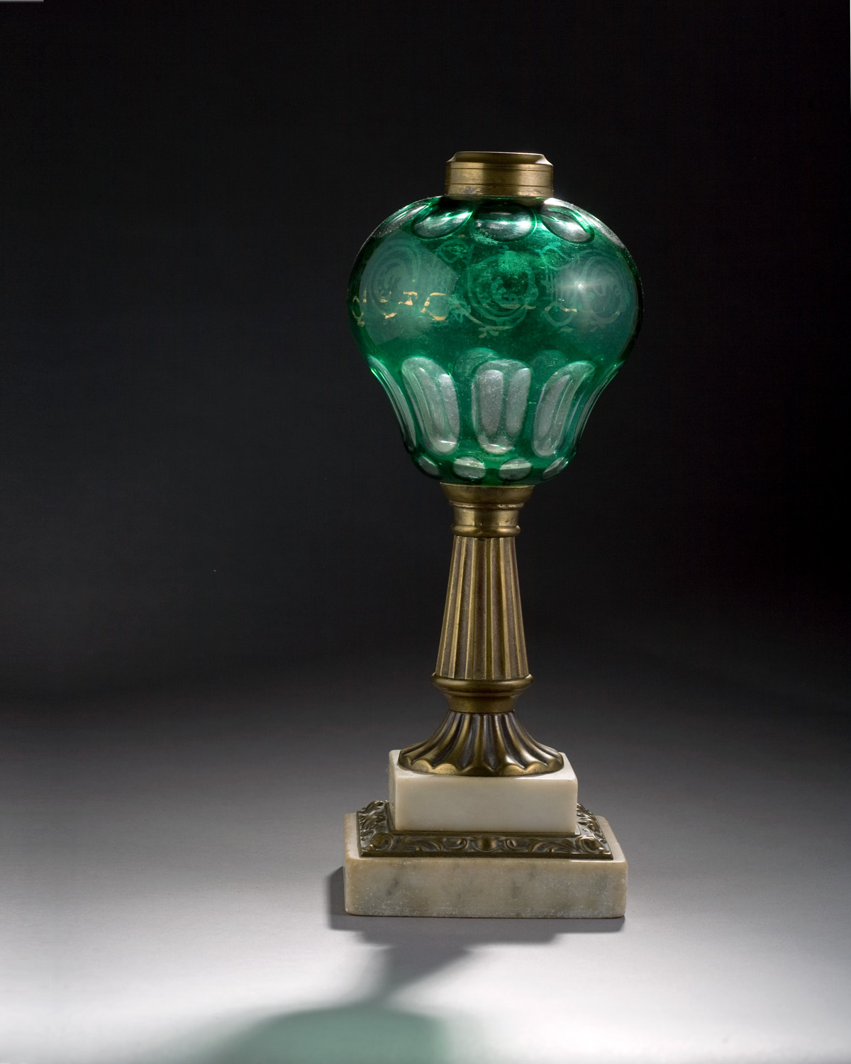 Appraisal: AMERICAN GREEN-CUT-TO-CLEAR OVERLAY LAMP BOSTON SANDWICH GLASS COMPANY CIRCA -