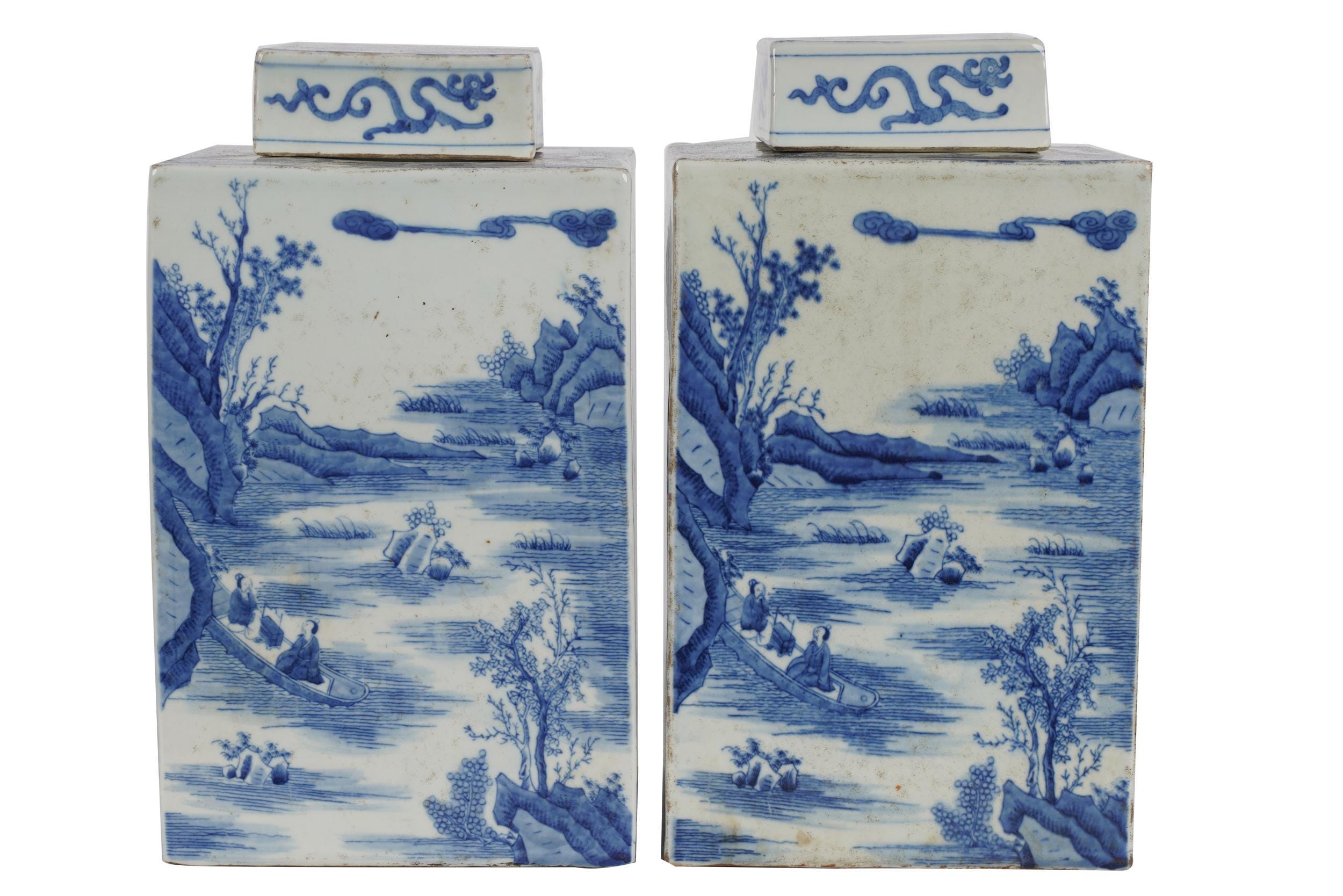 Appraisal: PAIR OF CHINESE BLUE WHITE PORCELAIN TEA CADDIES each with