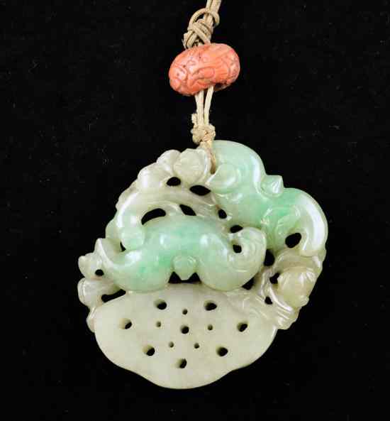 Appraisal: A fine Chinese jadeite pendant th century carved and pierced