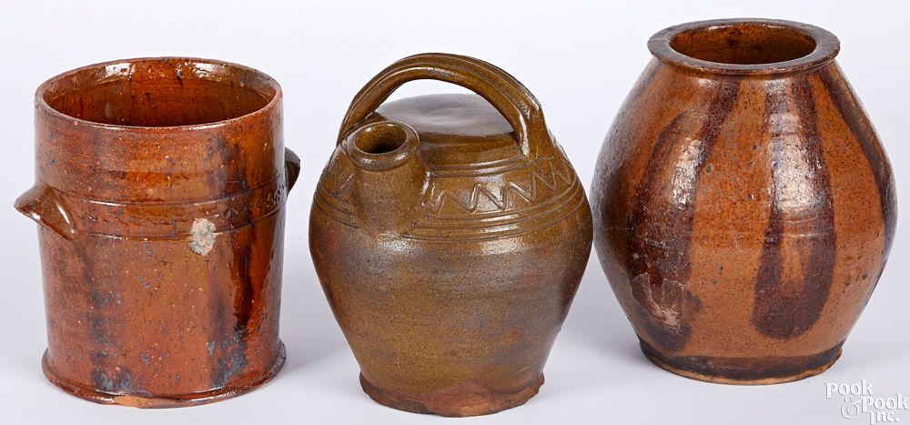 Appraisal: Three pieces of redware Three pieces of redware to include