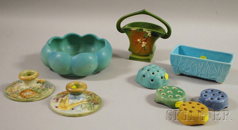 Appraisal: Nine Pieces of American Art Pottery including a Roseville basket