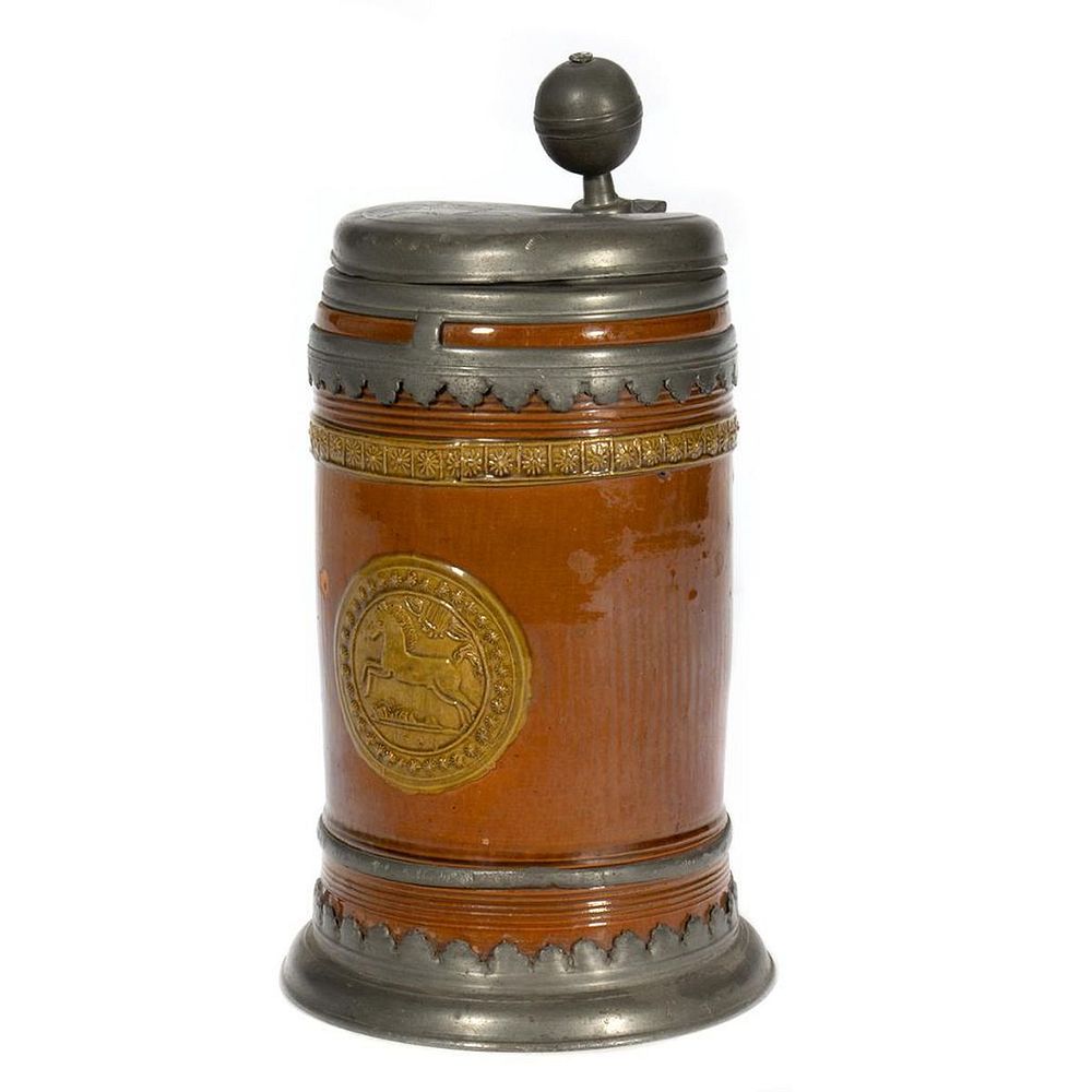 Appraisal: German Ceramic Pewter Steins Barrel form with incised foliate lid