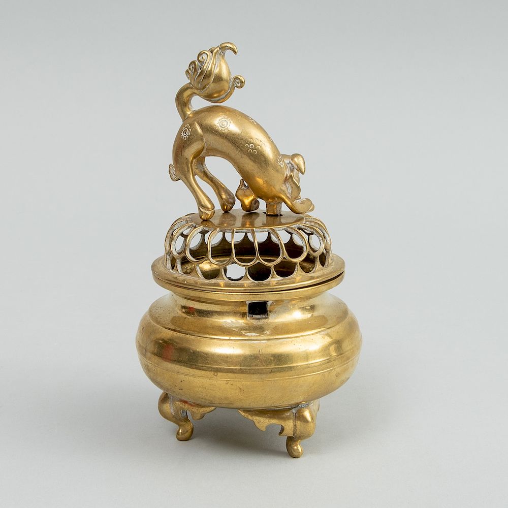 Appraisal: Chinese Brass Two-Handled Censer and Cover Unmarked with yellow paper