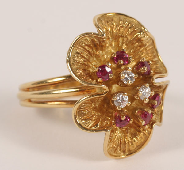 Appraisal: Gold K diamond and ruby ring floral design with rubies