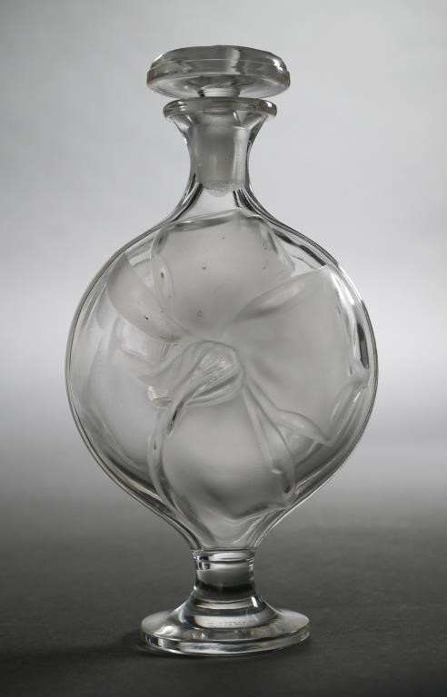 Appraisal: LALIQUE crystal frosted flower perfume bottle with matching stopper Signed