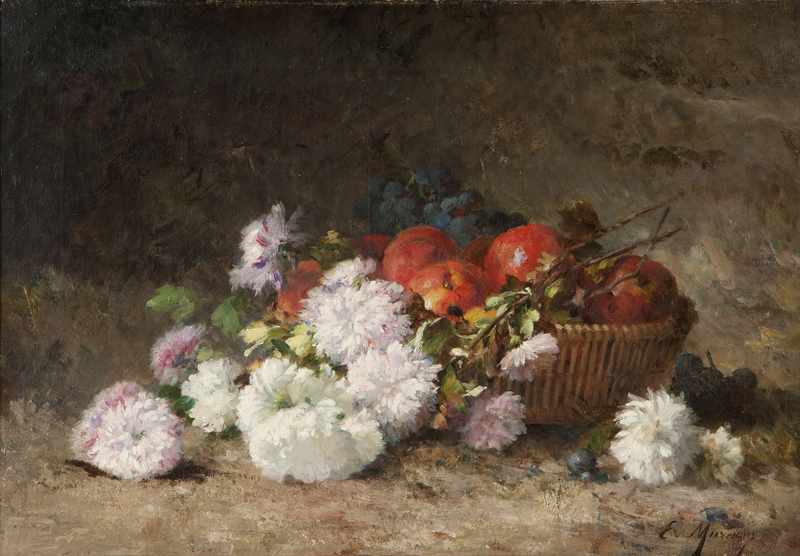 Appraisal: Grapes and apples in a wicker basket with chrysanthemums strewn