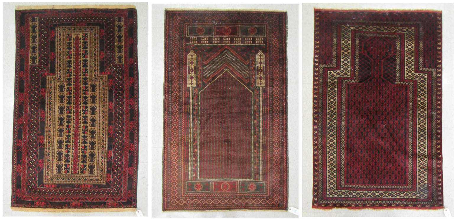 Appraisal: THREE HAND KNOTTED AFGHAN BELOUCH PRAYER RUGS ' X '