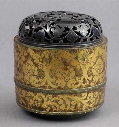 Appraisal: JAPANESE SILVER-LIDDED GILT-INLAID BRONZE ASH CONTAINER The cylindrical bowl with