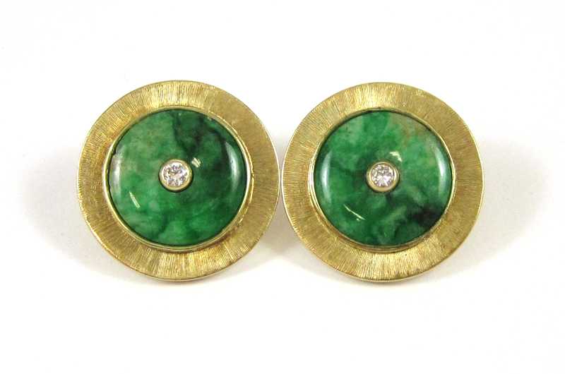 Appraisal: PAIR OF JADE AND DIAMOND EARRINGS each k yellow gold