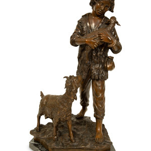 Appraisal: A Bronze Sculpture of Shepherd Boy with Two Goats TH