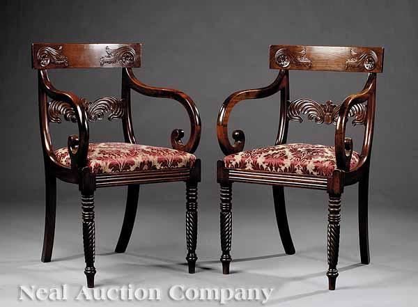 Appraisal: A Pair of Regency Carved Mahogany Armchairs c with acanthus-carved